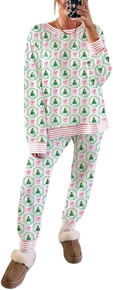 Christmas Pajamas for Women Cute Bow Christmas Tree 2 Piece Lounge Set Contrast Striped Banding P... | Amazon (US)