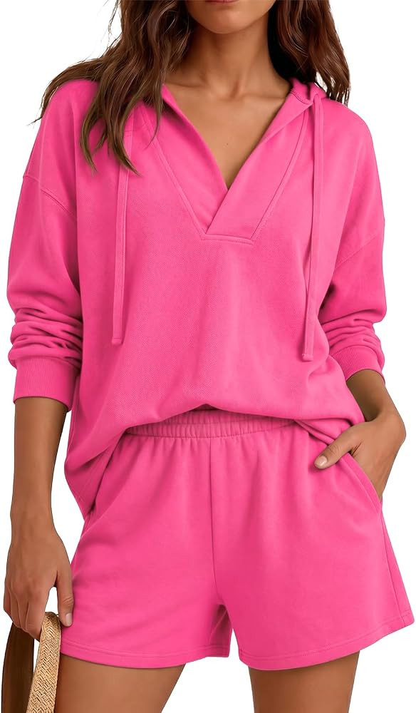 Fisoew Womens 2 Piece Lounge Matching Sets Hoodies and Shorts Sweatsuits | Amazon (US)