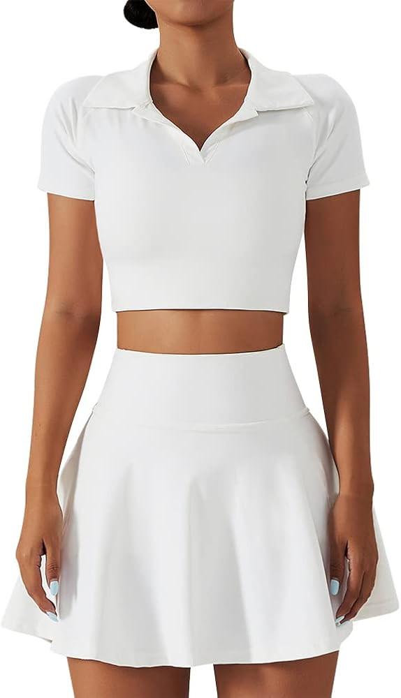 2 Piece Tennis Dress for Women High Waist Pleated Tennis Skirt with Shorts Short Sleeve Crop Golf... | Amazon (US)