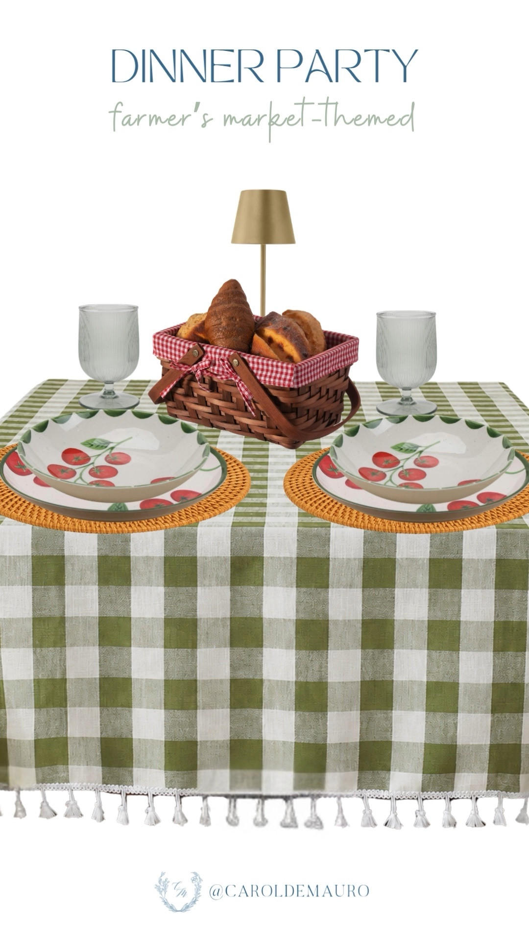 Host the perfect summer dinner party with this charming farmer's market table spread! Just layer vibrant tomato-patterned dinnerware over woven placemats, add a green checkered tablecloth, and center it all with a rustic woven basket filled with fresh pastries.

summer refresh, dinner inspo, tablescape idea, hostess tips, entertaining at home, tableware, picnic date, alfresco dining

#LTKSeasonal #LTKU #LTKHome