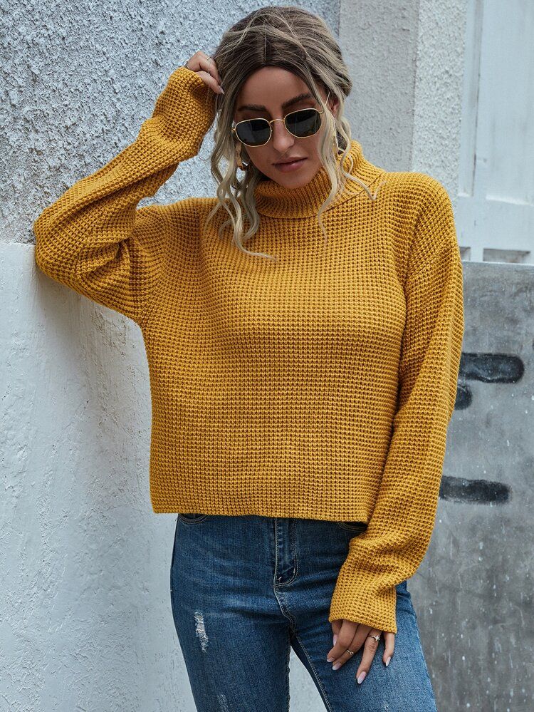 Turtleneck Waffle Knit Solid Sweater | SHEIN