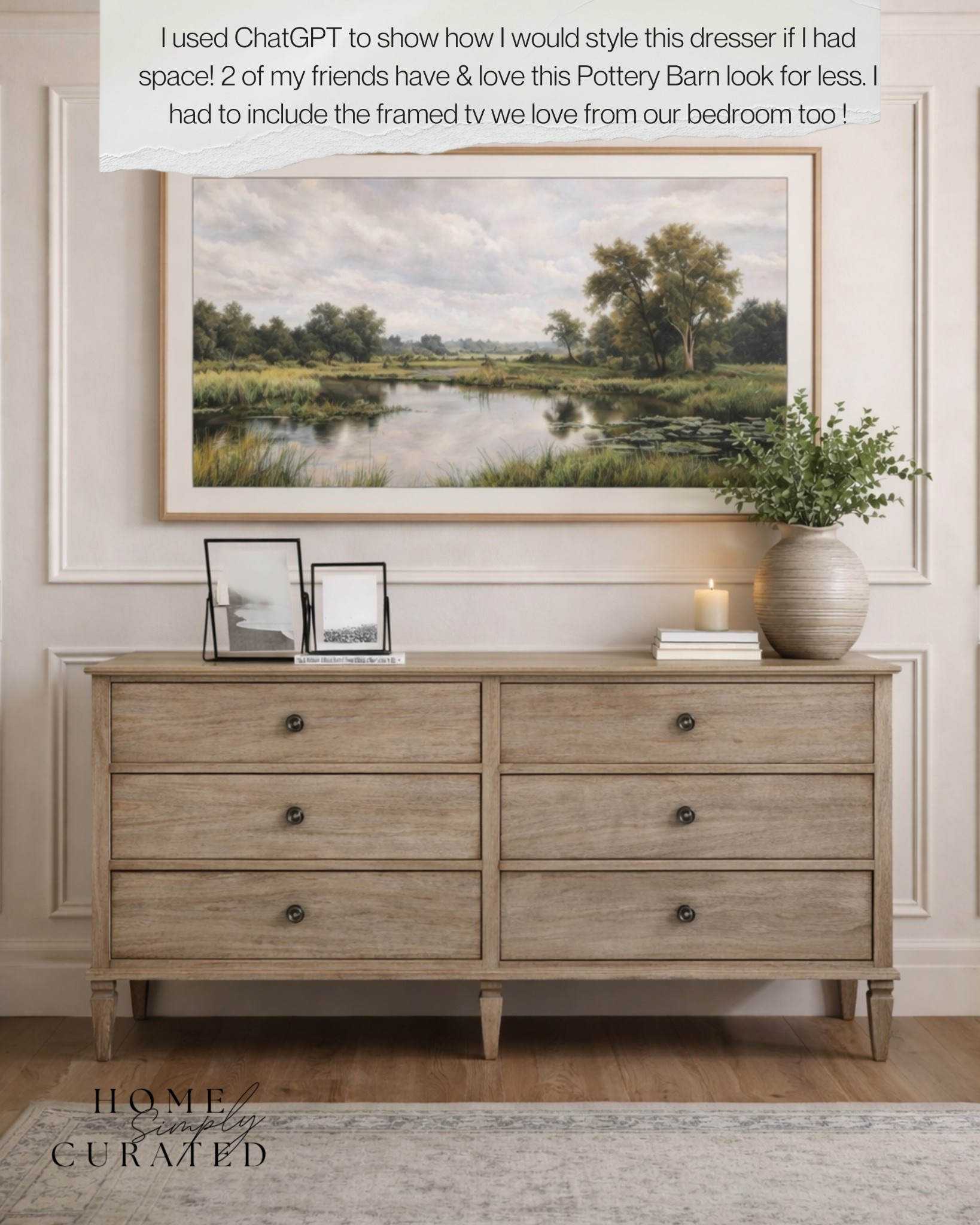 I used ChatGPT to show how I would style this dresser if I had space! 2 of my friends have & love this Pottery Barn look for less. I had to include the framed tv we love from our bedroom too! It’s finally back IN STOCK!

Bedroom dresser styling, pottery barn sausalito, timeless dresser, frame tv, tv that looks like art 

#LTKHome