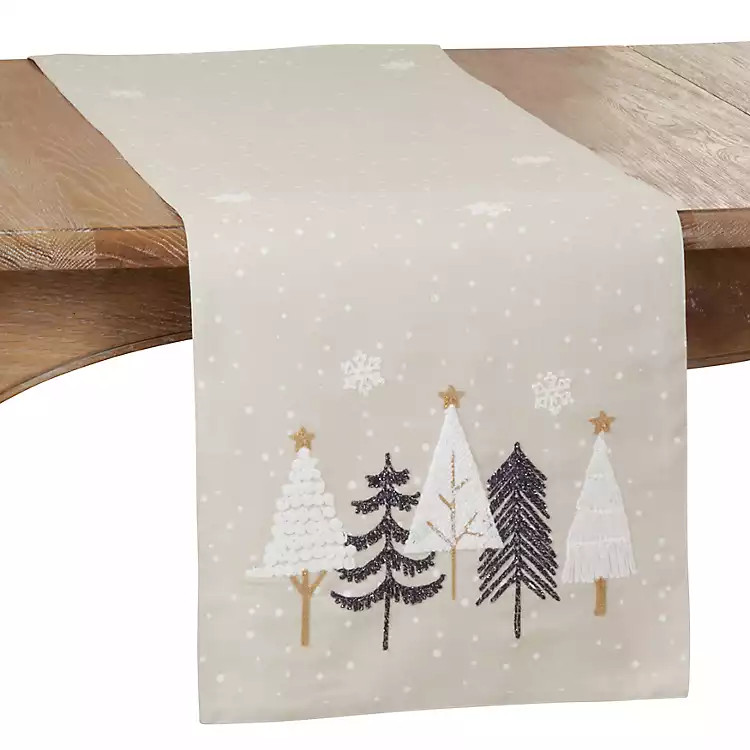 Natural Embroidered Christmas Trees Table Runner | Kirkland's Home