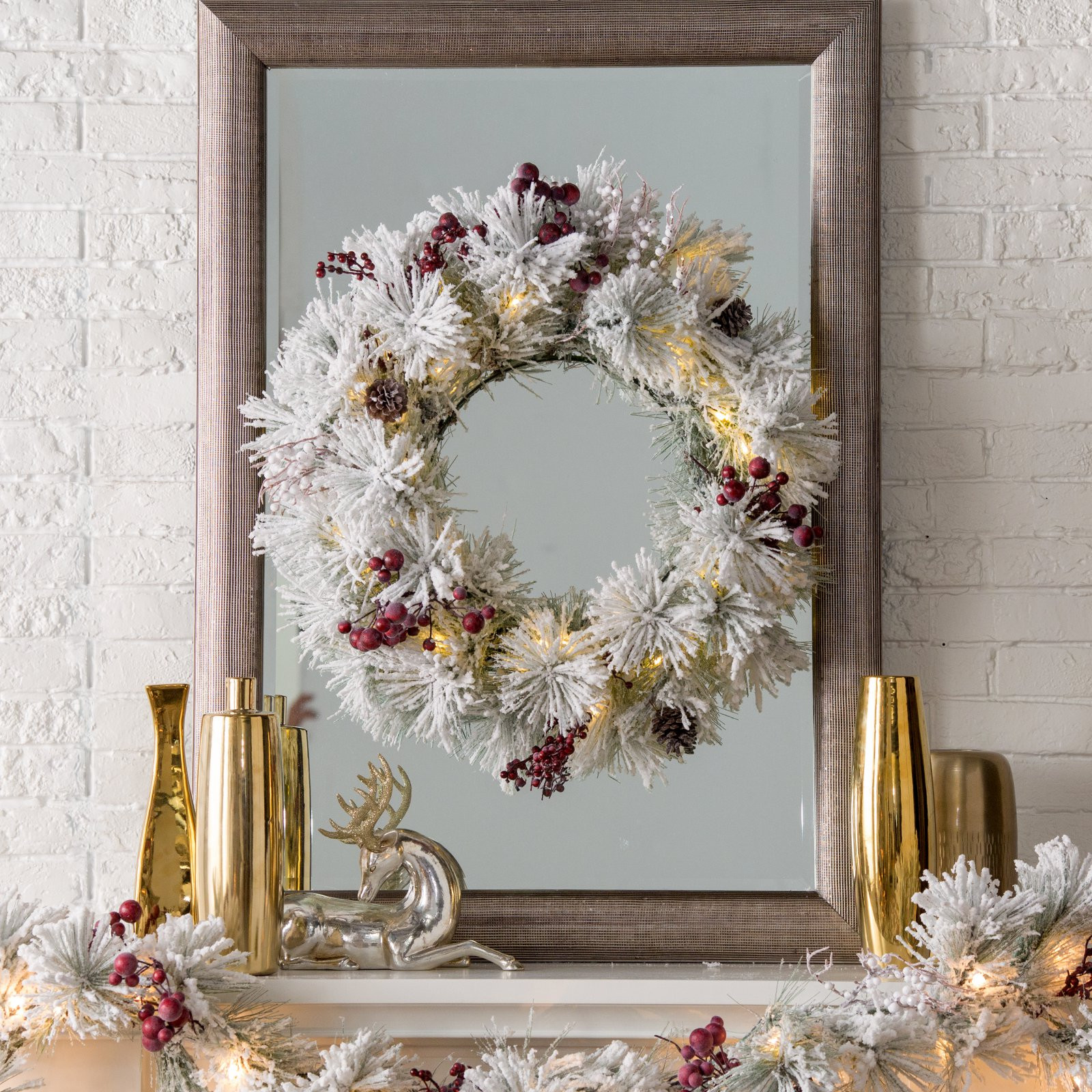 Belham Living Flocked Pine Needle 28 in. Pre-Lit Battery Operated Wreath with Berries and Pine Co... | Walmart (US)