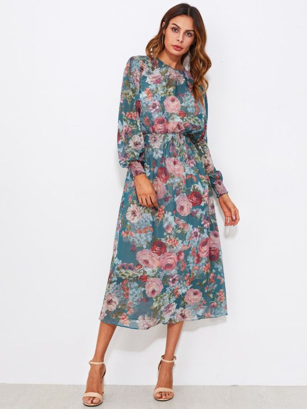 Smocked Trim Calico Print Midi Dress | SHEIN