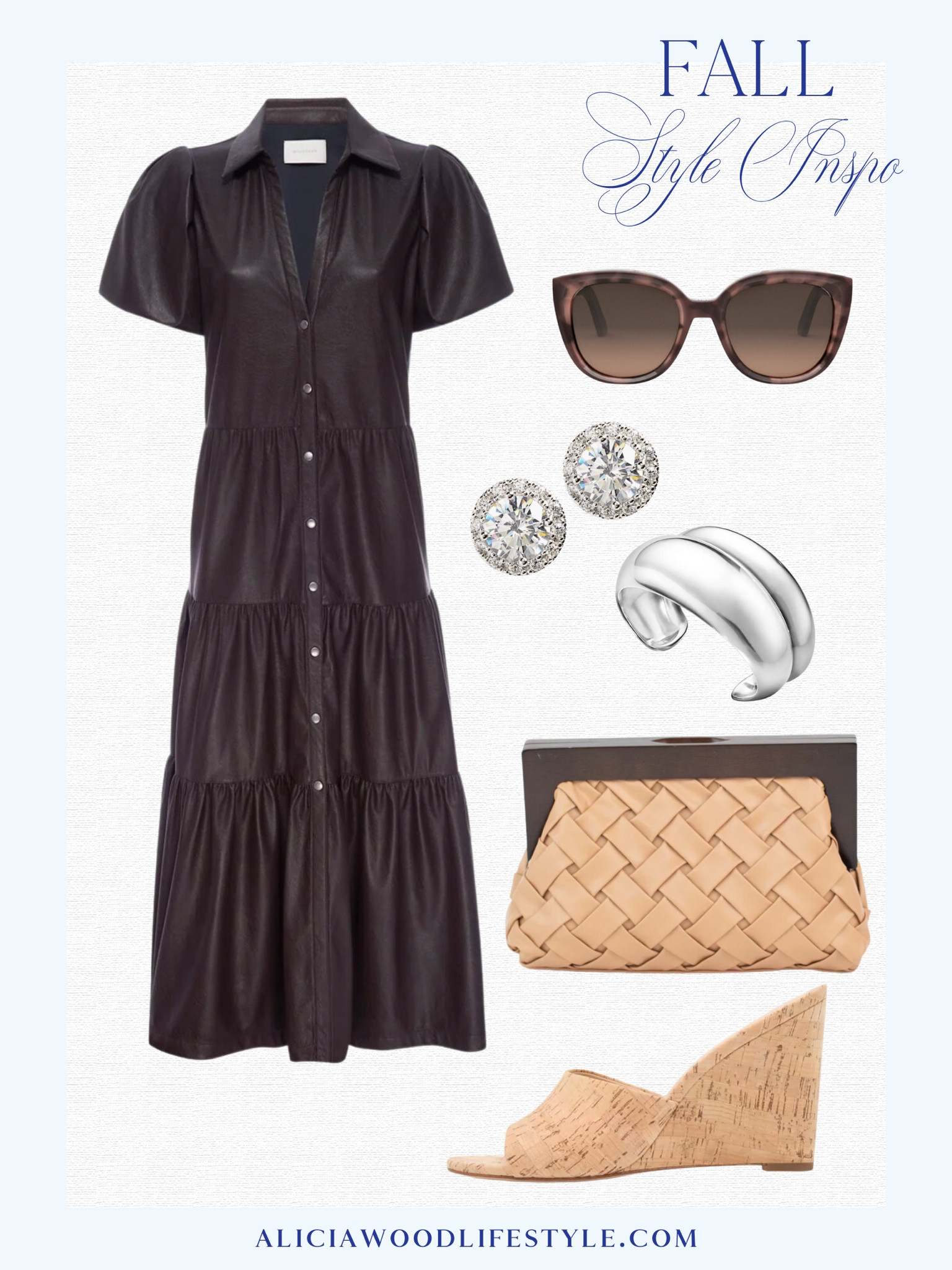 One of my favorite dresses transitioning into fall!
 
Black vegan faux leather short sleeve button down tiered midi dress
Wedge sandals
Neutral woven clutch handbag
brown butterfly sunglasses 

#LTKSeasonal #LTKstyletip #LTKover40