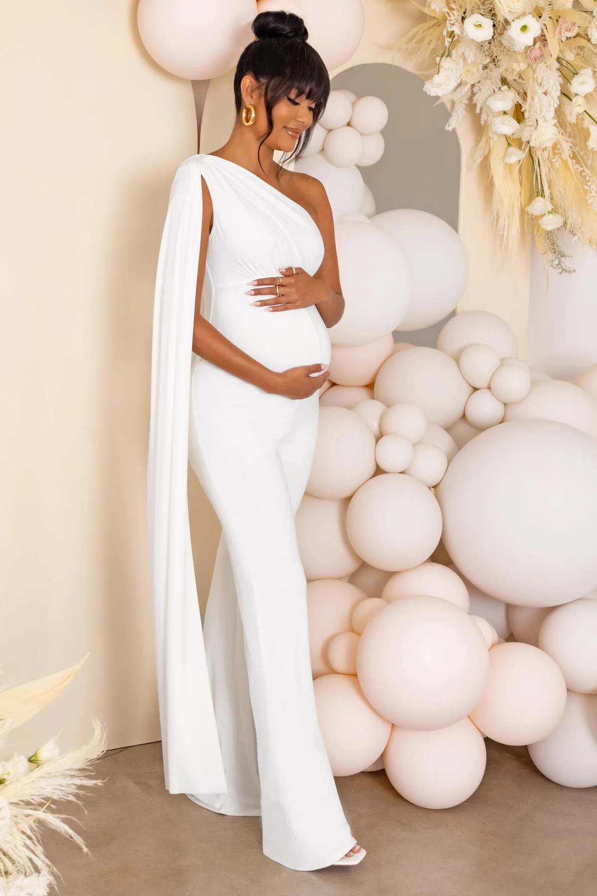 Sing To Sleep | White Maternity One Shoulder Cape Jumpsuit | Club L London