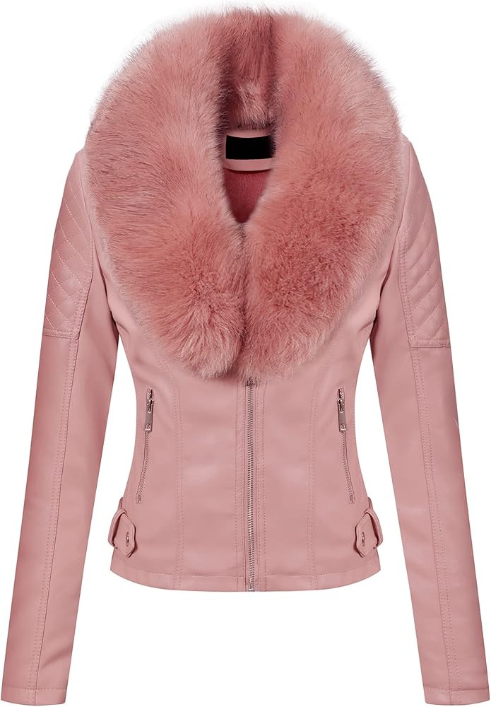 Bellivera Women's Faux Leather Jacket Moto Biker Sherpa-Lined Coat with Removable Fur Collar | Amazon (US)