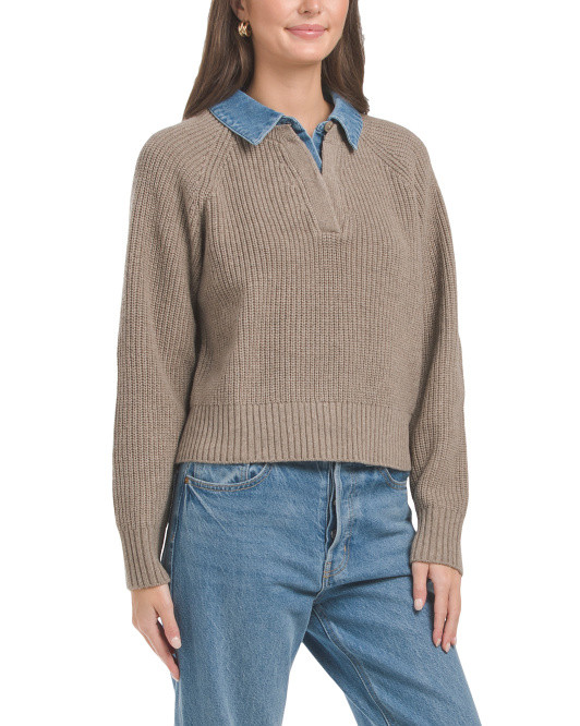 Shaker Stitch And Denim Twofer Sweater | TJ Maxx