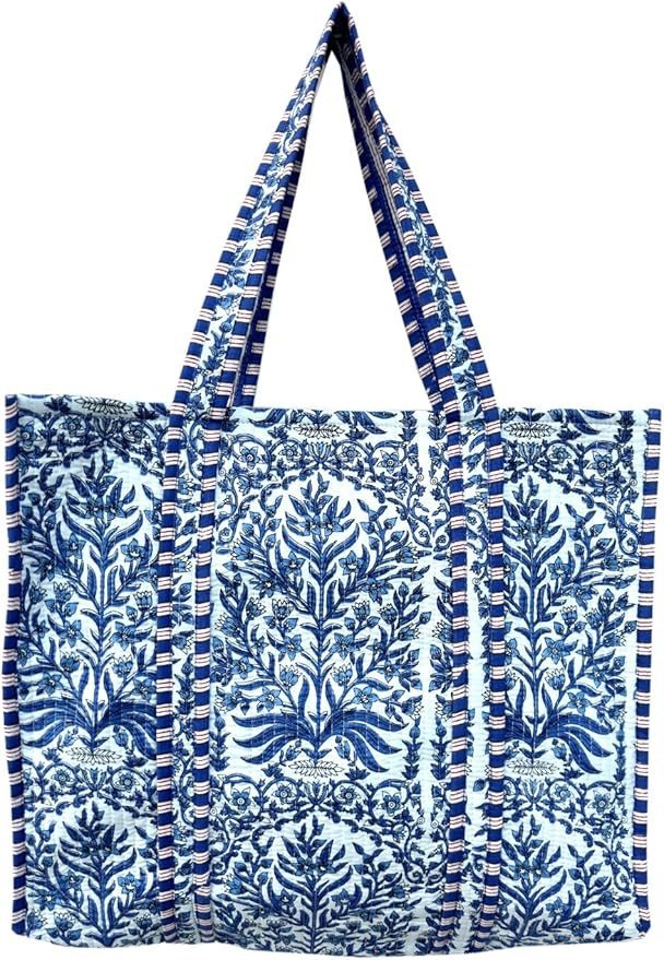 Quilted Cotton Hand printed Reversible Large multicolor cotton Tote Bag,Indian Handmade Block Pri... | Amazon (US)