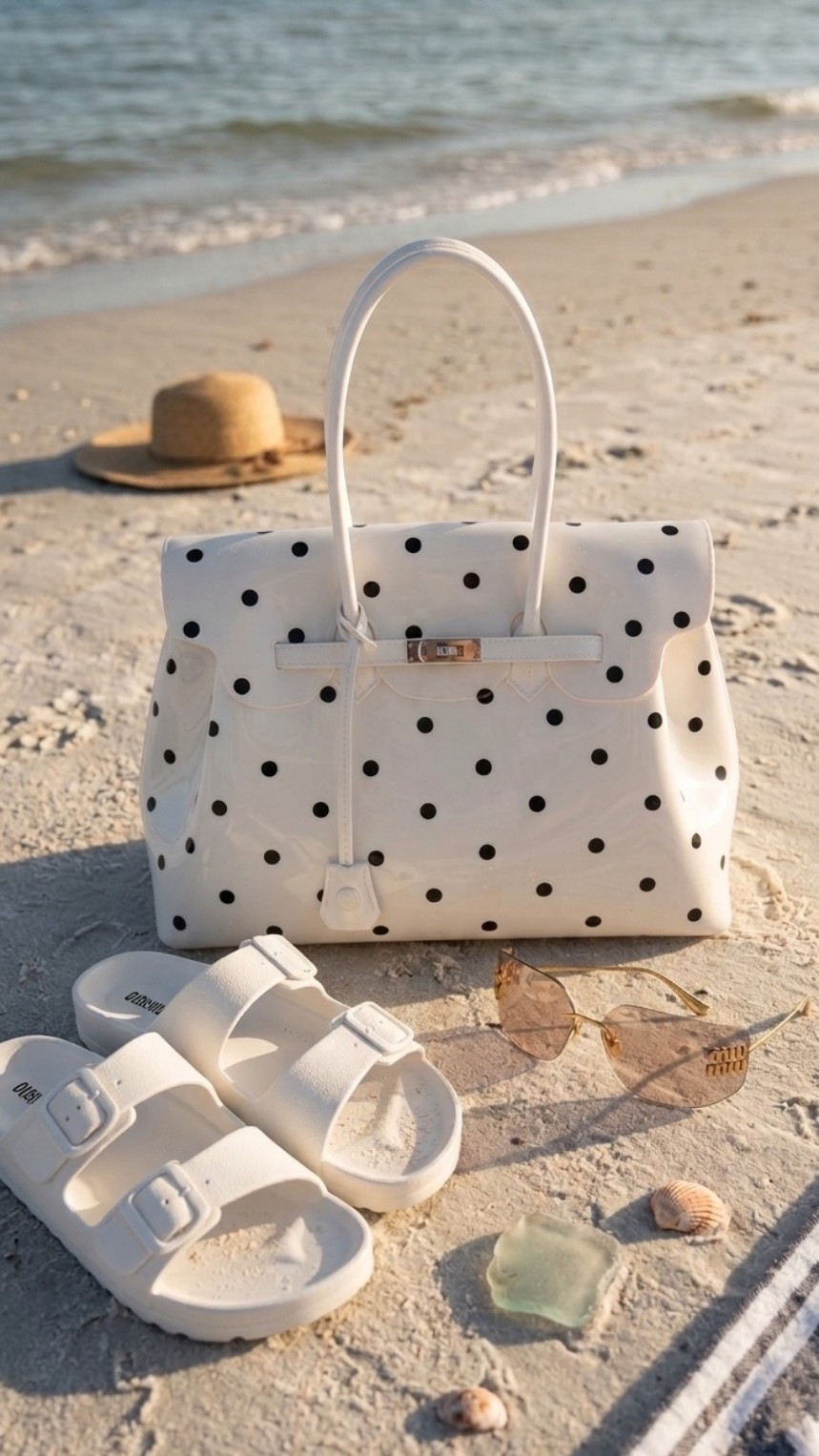 Have you got your jelly bag for summer yet? 🤍⚫️

This polka dot jelly bag is giving luxury beach club vibes without the luxury price tag. Paired with comfy white sandals and oversized sunnies, it’s the perfect grab-and-go accessory for beach days, vacations, poolside lounging, and summer errands.

Lightweight, easy to clean, and such a fun statement piece for summer.

✨ Shop this entire look through my LTK link in bio and follow me on LTK for more affordable fashion finds, handbag finds, and summer outfit inspiration.

#LTKSaleAlert #LTKSeasonal