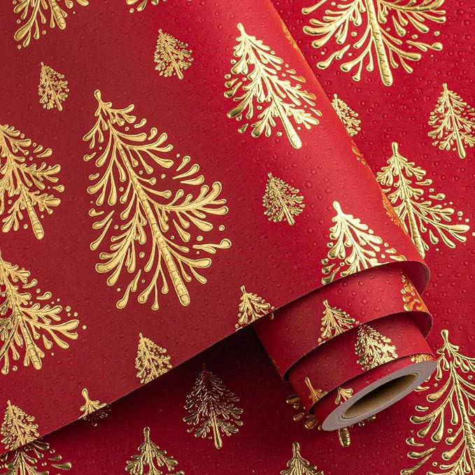 Flyhill Kraft Christmas Wrapping Paper,Red and Gold 3D Embossed Foil Christmas Trees with Woodlan... | Amazon (US)