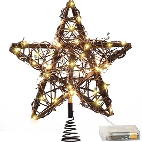 Star Tree Toppers Christmas Decorations Indoor Natural Brown Rattan Star Christmas Tree Topper Lighted Rustic Rattan Star Rustic Rattan Treetop Holiday Xmas Party Decorations (Warm White Light) | Amazon (US)