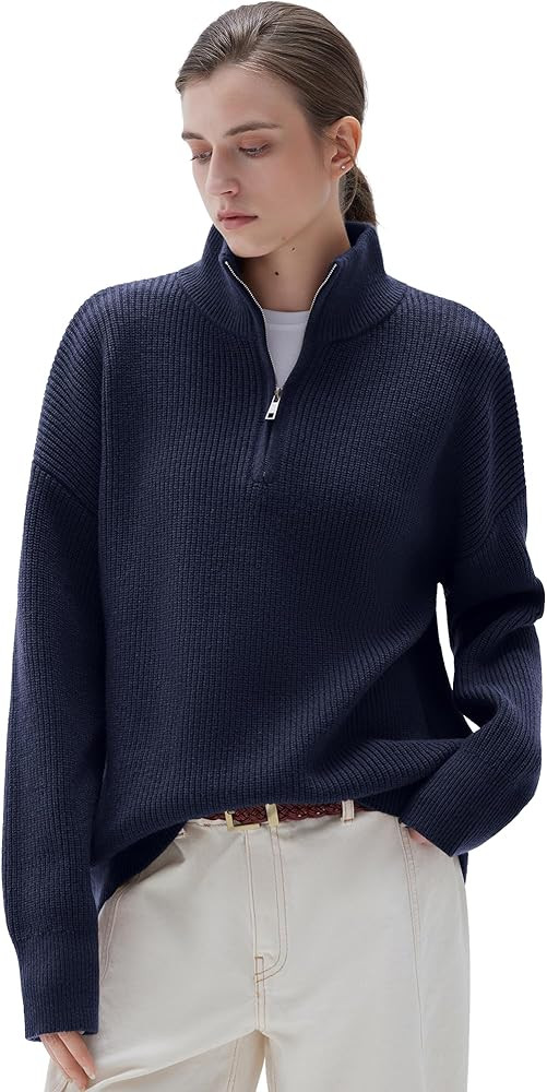 SUUKSESS Women Cashmere Blend Oversized Quarter Zip Pullover Sweater Long Sleeve Collared Ribbed ... | Amazon (US)