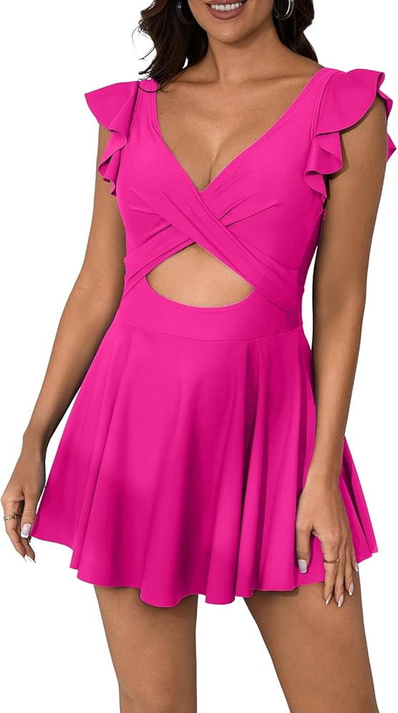 B2prity Tummy Control One Piece Swimsuit for Women Ruffle Swimdress V Neck Wrap Bathing Suit Cuto... | Amazon (US)