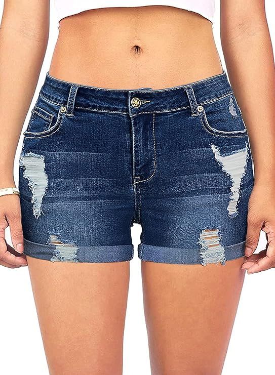 luvamia Women's Casual Mid Rise Denim Shorts Stretch Ripped Raw Hem Jean Shorts | Amazon (US)