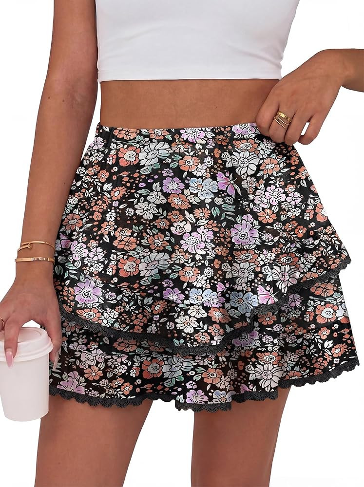 Caracilia Flowy Shorts for Women Summer Casual Boho Ruffle Tiered Mini Skirts with Shorts Underne... | Amazon (US)