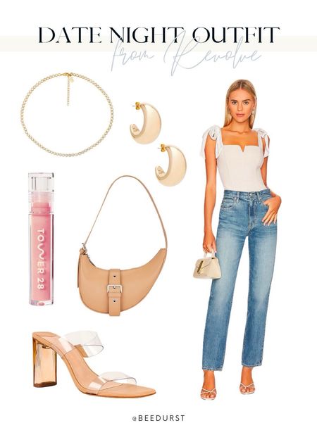 Perfect date night outfit for warmer spring nights from Revolve! White bodysuit, jeans, casual date night, earrings, beige bag, clear heels, festival outfit, sandals, summer outfit, tennis necklace 

#LTKShoeCrush #LTKFestival #LTKStyleTip