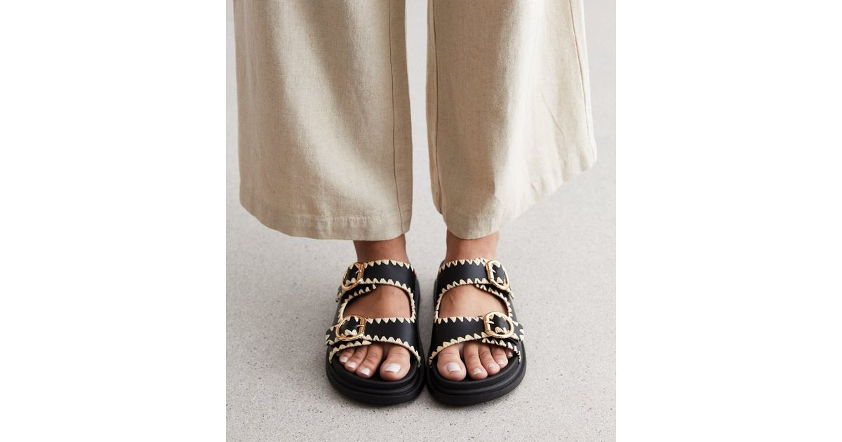 Black Whipstitch Chunky Sliders | New Look | New Look (UK)