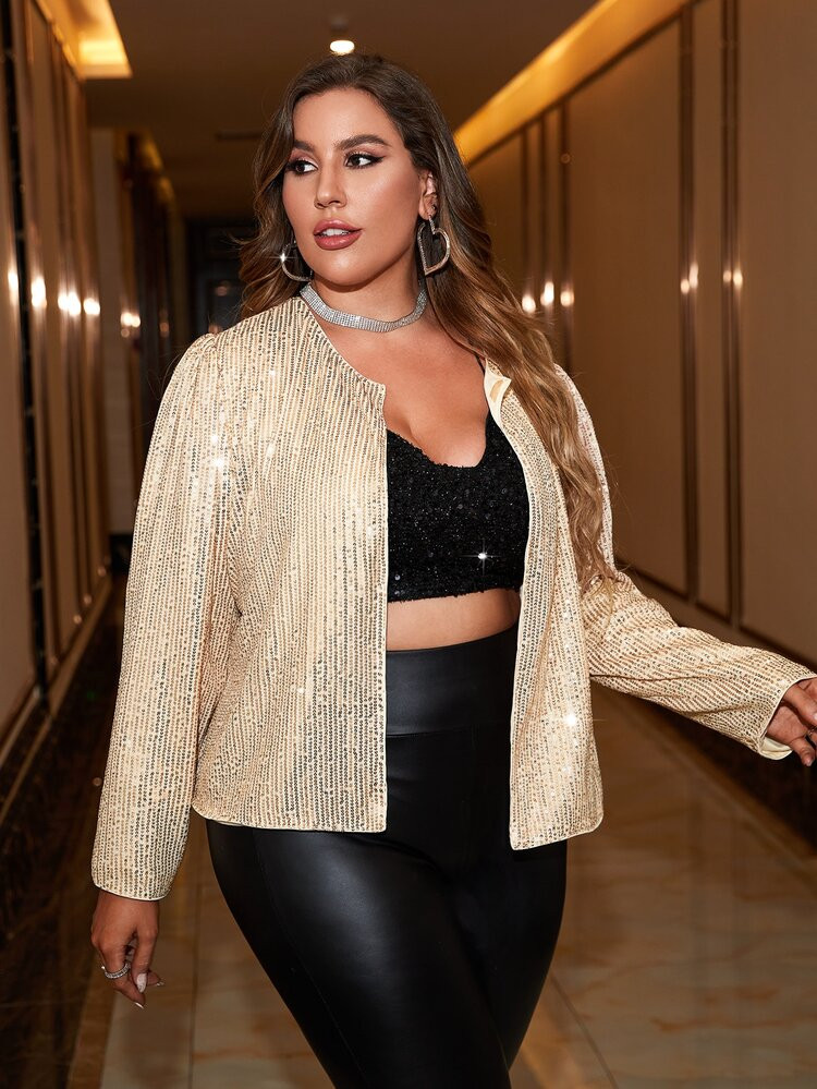 SHEIN SXY Plus Open Front Sequin Jacket | SHEIN