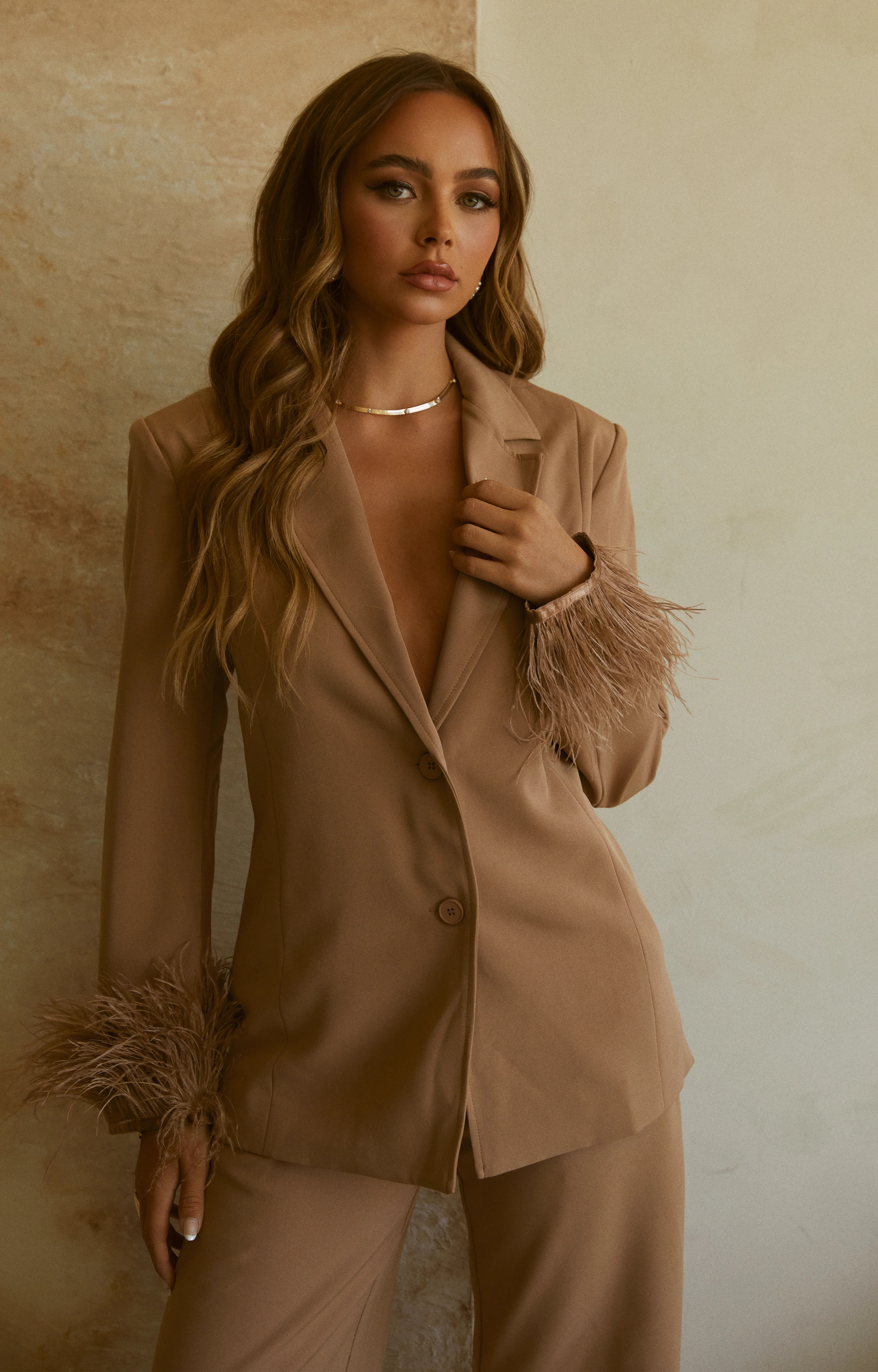 Miss Lola | Nude Two Piece Blazer and Pant Set | MISS LOLA