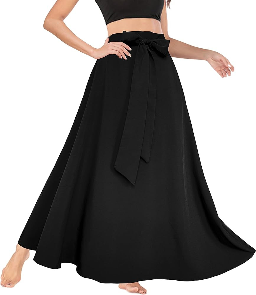 Afibi Women's High Waist Skirt Tie Front A-Line Flowy Long Maxi Skirts with Pockets | Amazon (US)