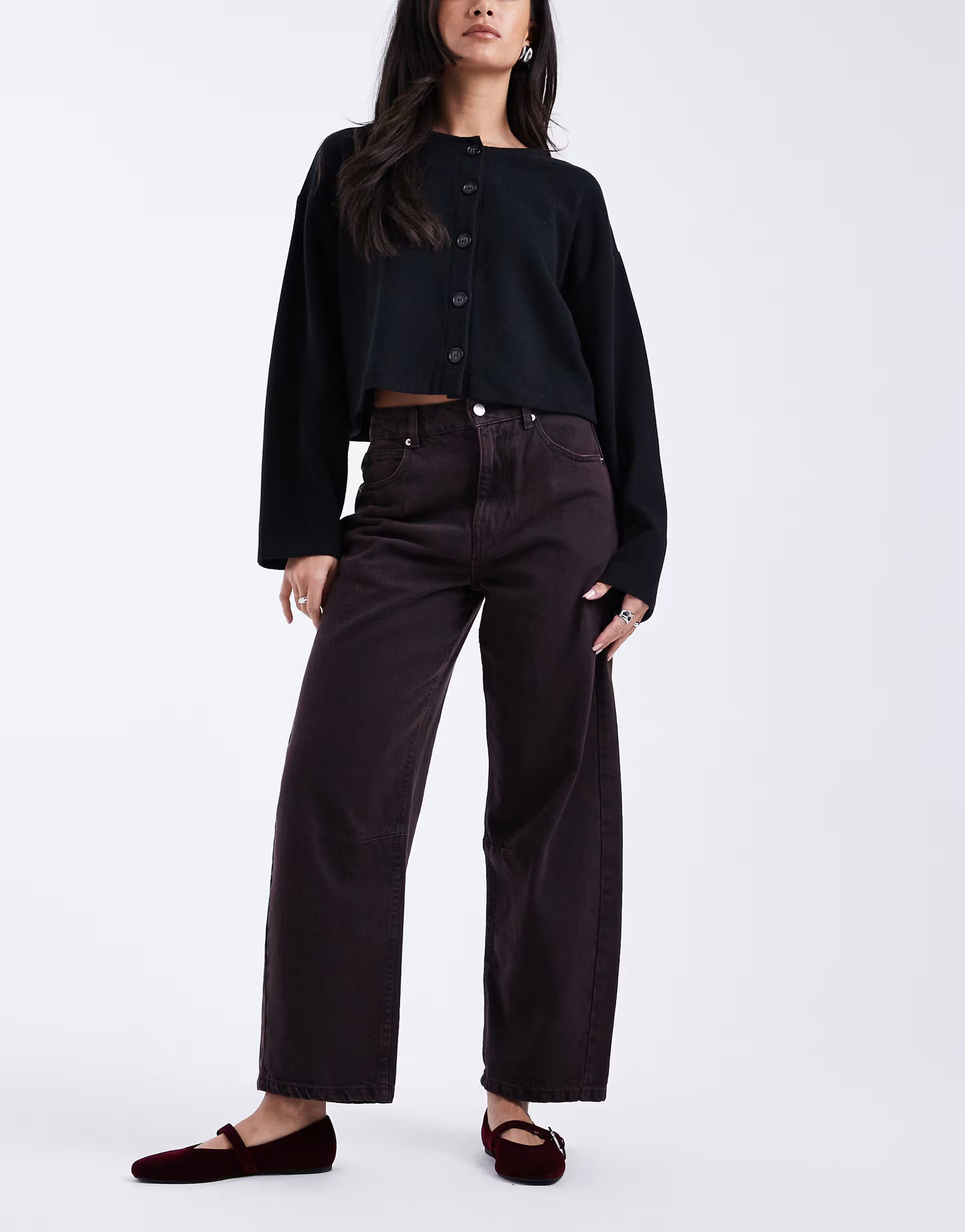 ASOS DESIGN ankle grazer barrel jeans with cinch waist in burgundy | ASOS (Global)