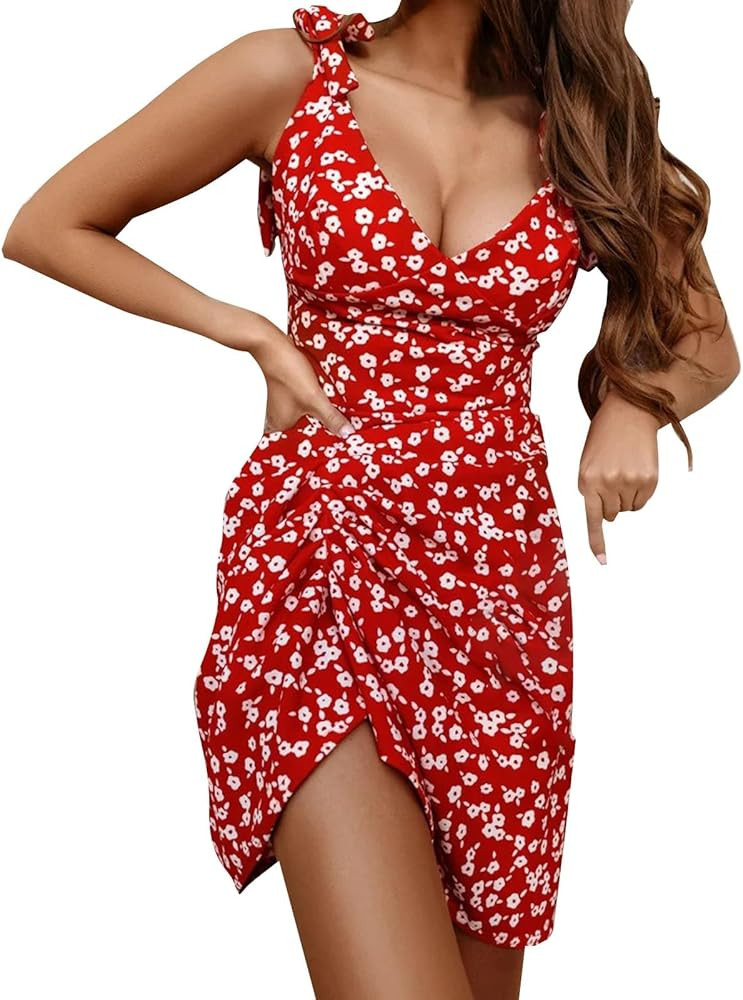 XOWRTE Womens Deep V-Neck Sexy Spaghetti Strap Bowknot Backless Sleeveless Mini Dress Bodycon Ruc... | Amazon (US)