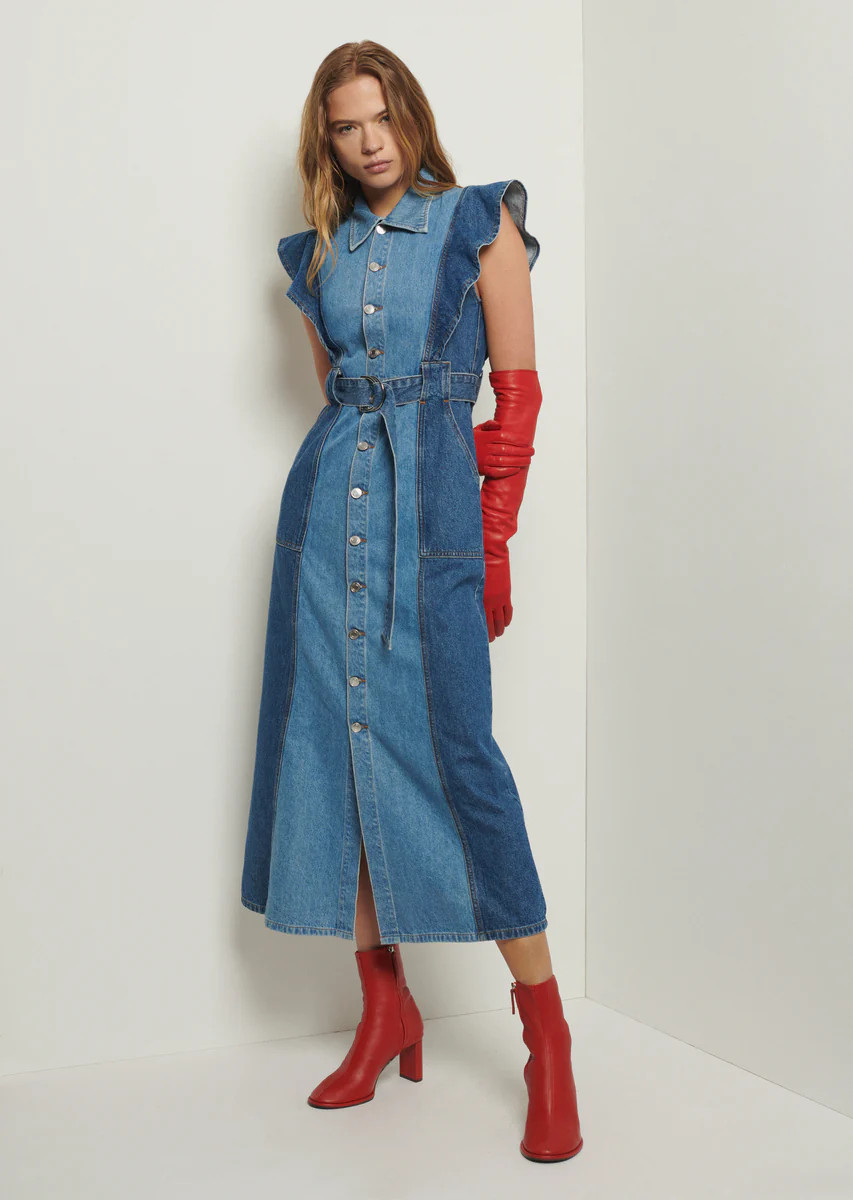 Michelle Sleeveless Ruffle Dress - Indigo 2-Tone | Derek Lam