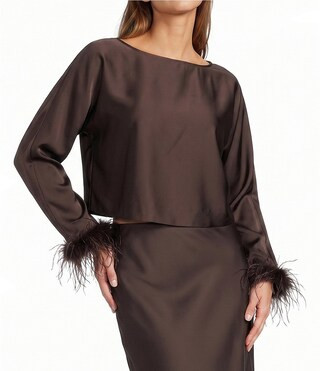 Antonio Melani Blyss Drapey Satin Boat Neck Long Sleeve Feather Cuff Blouse -  XS | Dillard's
