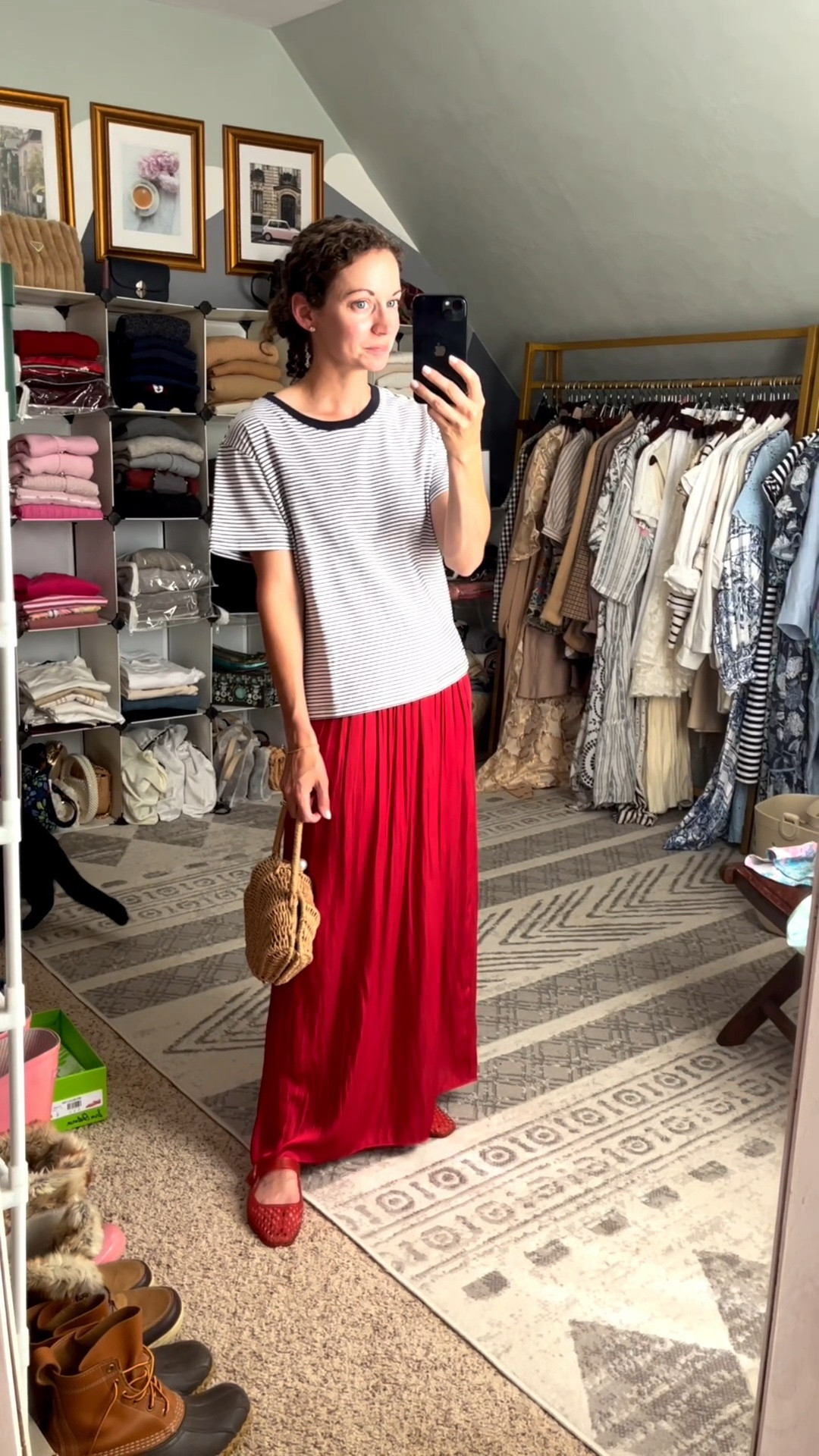Casual Parisian inspired outfit!
Stripe cotton tshirt is from Walmart, linking similar. 
Red pleated skirt is old from J.Crew, linking similar. 
Earrings are from Amazon. 
Bracelet is from a local boutique, linking similar. 
Rattan seashell handbag is from Chicwish. 
Red jelly flats are from Sam Edelman. 
Modest outfit. Petite outfit. Classic outfit. Summer outfit.

#LTKdayinmylife #LTKgrwm #LTKOver40