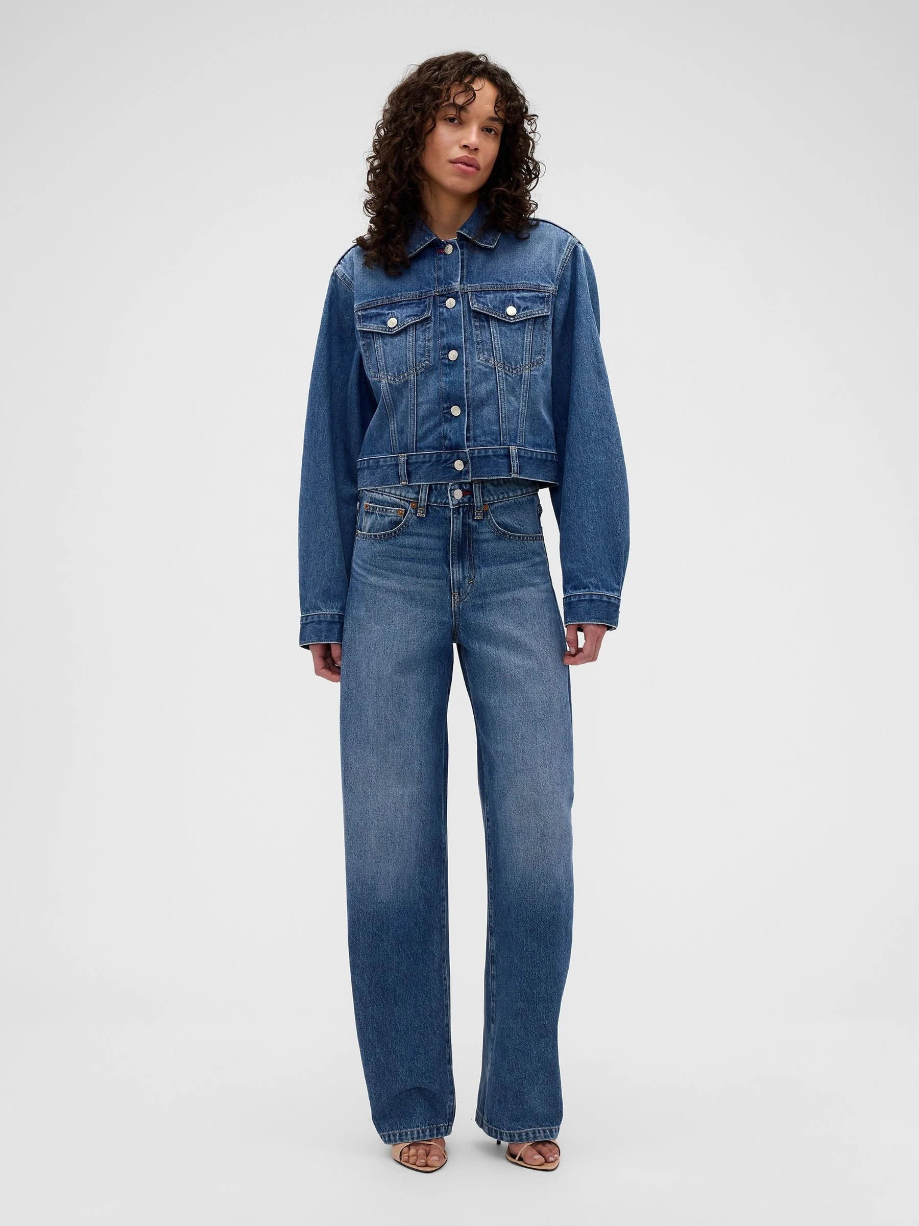 Gap Gap x Victoria Beckham Mid Wash Blue Relaxed Crop Denim Jacket | GAP UK