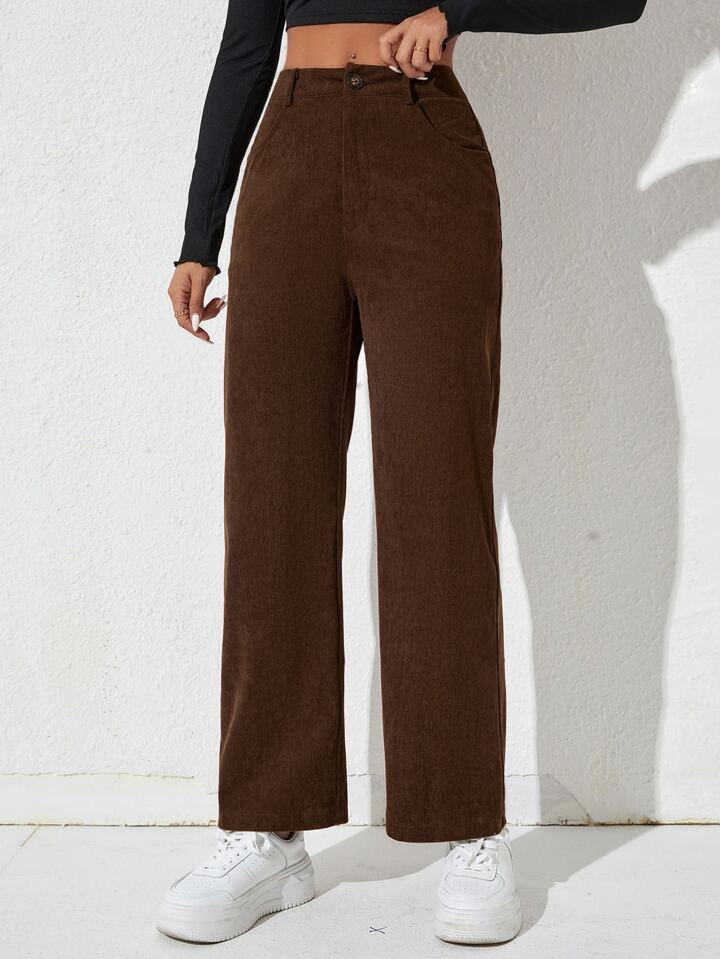 SHEIN PETITE Solid Corduroy Straight Leg Pants | SHEIN