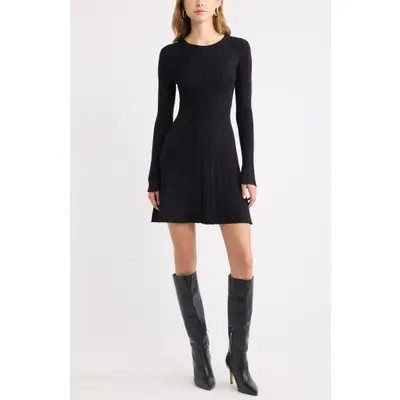 Open Edit Ribbed Long Sleeve Sweater Minidress in Black at Nordstrom, Size Large | Nordstrom