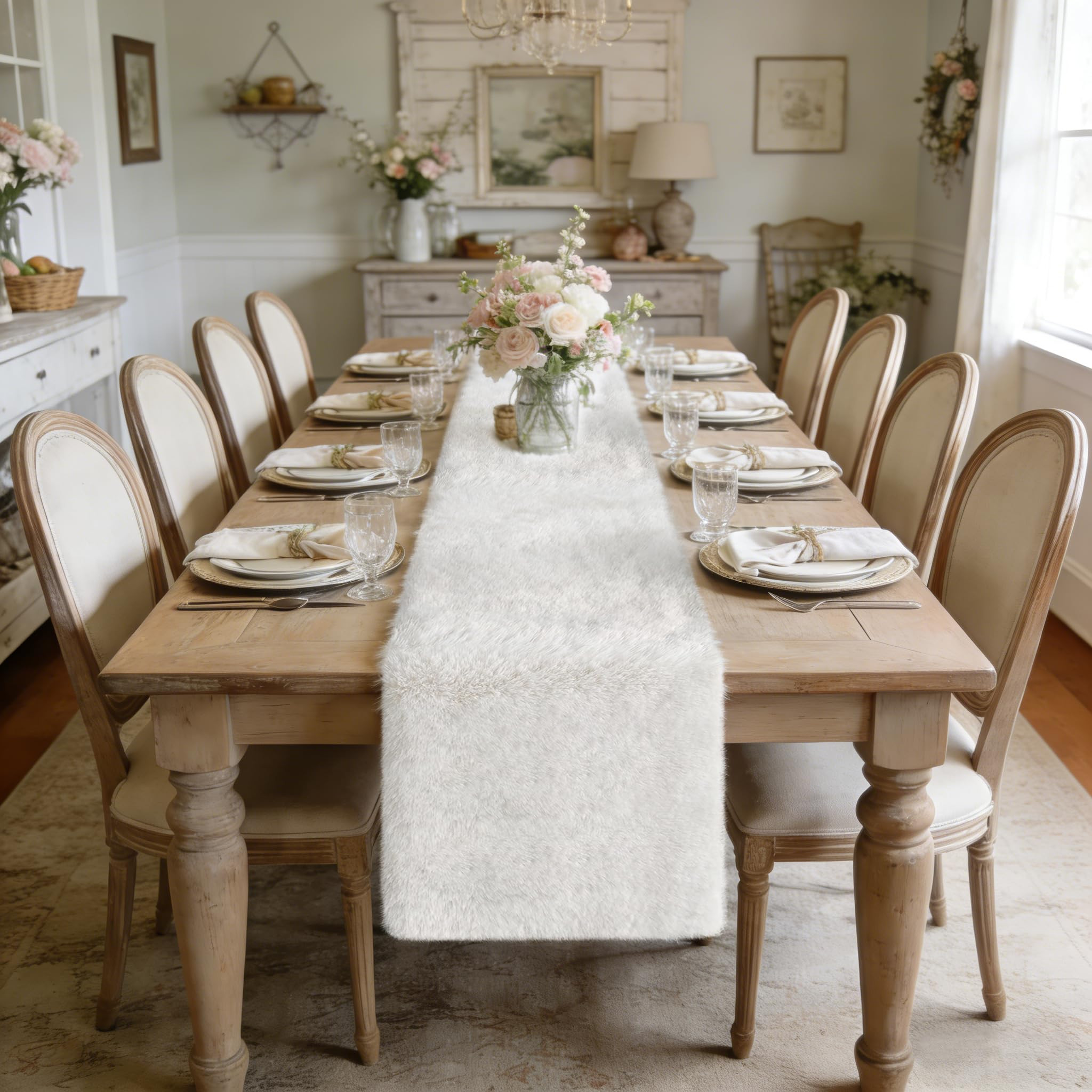 yuboo White Fur Table Runner 15 x 108 inches Long, Dresser Runner for Bedroom Furniture Fluffy Dr... | Amazon (US)