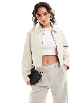 ASOS DESIGN leather look top collar jacket in stone | ASOS (Global)