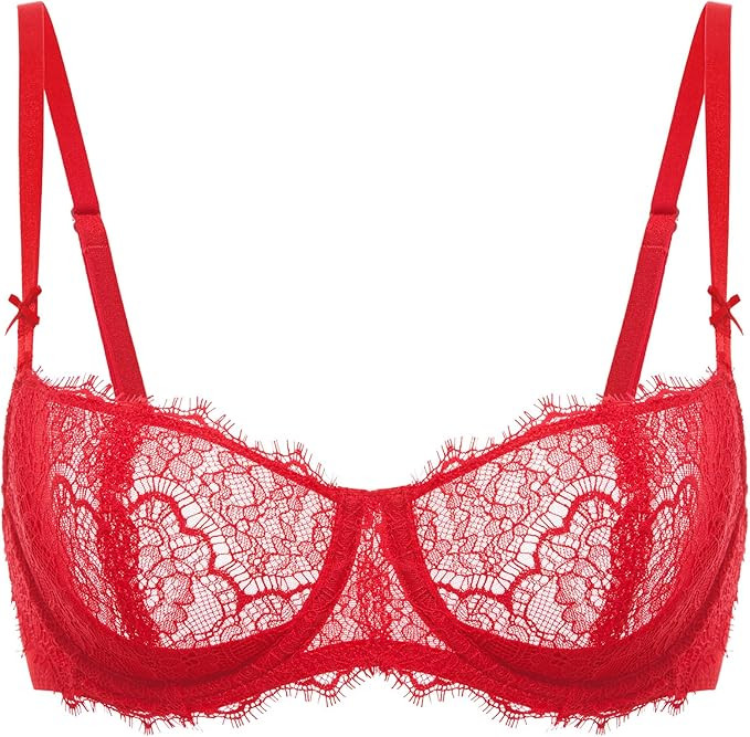 DOBREVA Women's Balconette Sexy Unlined Bra Lace Push Up Plus Size Bras See Through Underwire | Amazon (US)