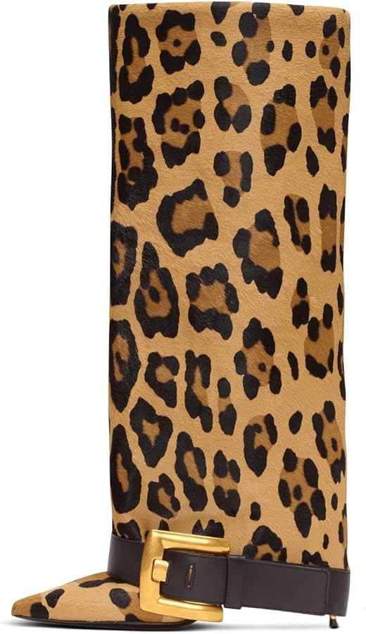 Fold Over Boots for Women, Heeled Knee High Leather Boots with 4-Inch Stiletto Heel, Wide Calf & ... | Amazon (US)