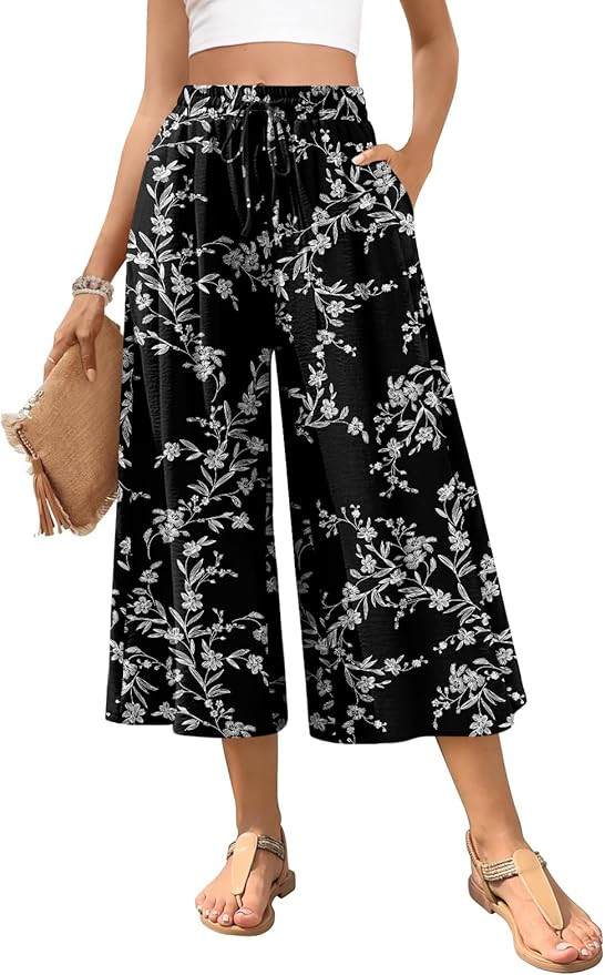 POPYOUNG Womens Capri Pant Dressy Casual Wide Leg Palazzo Pants Flowy Gaucho Pants Drawstring Tro... | Amazon (US)