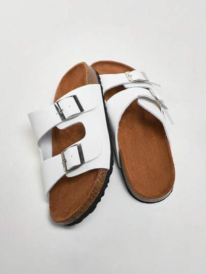 Solezae Women Shoes Molded Footbed Double Buckle Casual PU White Flat Sandal Spring Shoes Spring ... | SHEIN