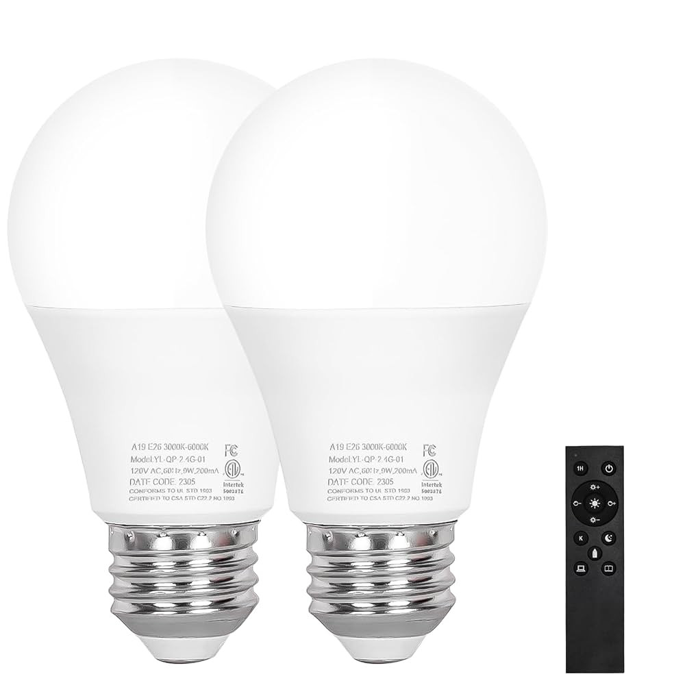 A19 LED Light 2 Bulbs with 1 Remote Control, 9W LED Bulbs, E26 Base, 805 LM, Dimmable Stepless 27... | Amazon (US)