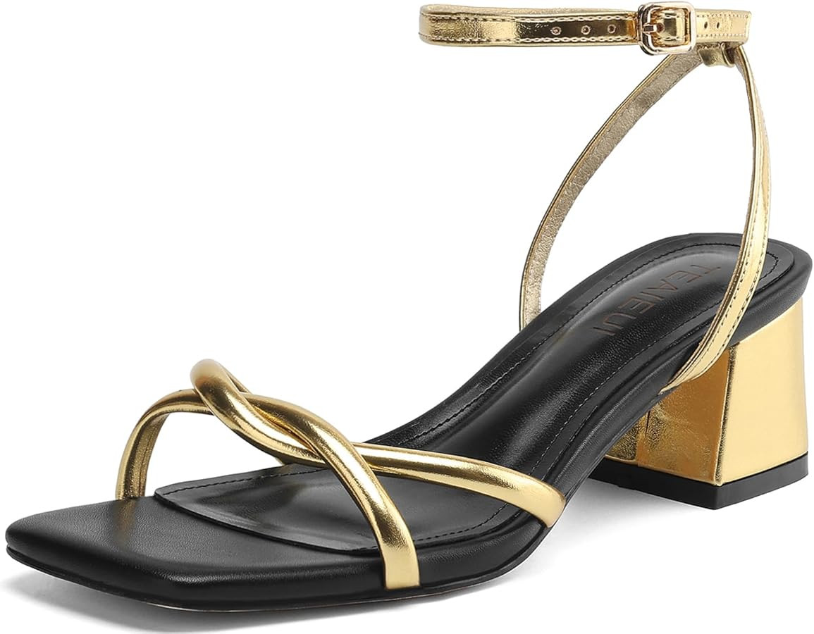 TEAIEUI Chunky Heels for Women, Square Open Toe Heeled Sandals, Strappy Ankle Strap Shoes for Dre... | Amazon (US)