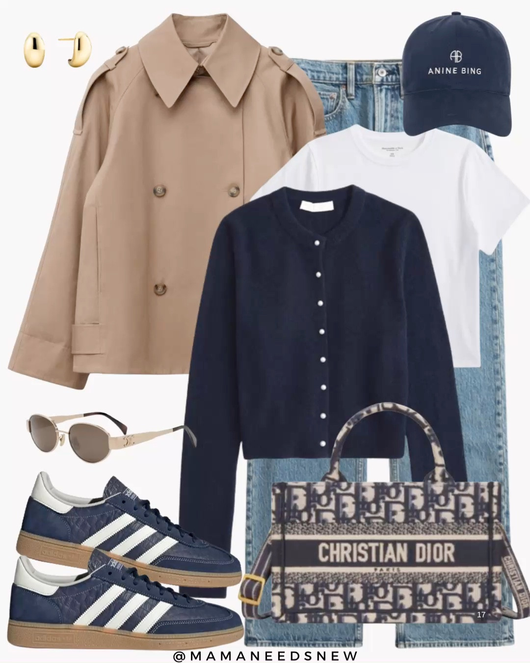 An early spring outfit with short trench, cardigan, tshirt, jeans, sneakers, tote bag, cap 

#LTKSaleAlert #LTKSeasonal #LTKootd