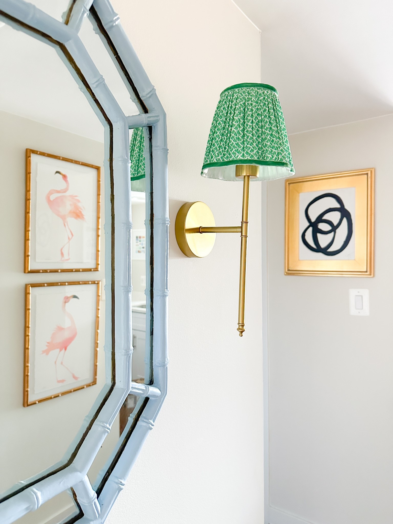 Sconces are linked below and the lampshades are Mrs. Alice 🤍 Flamingoes are one-of-kind original Inslee and the circles are “Black Jack” by Jenn Thatcher.

#LTKHome