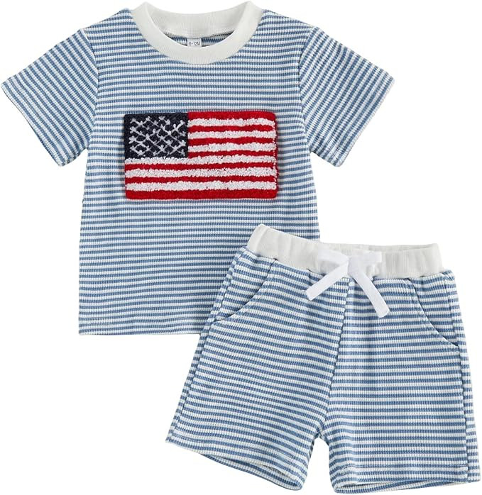 FOCUSNORM Toddler Baby Boys 4th of July Outfits Flag Embroidery Waffle Short Sleeves T-Shirt and ... | Amazon (US)