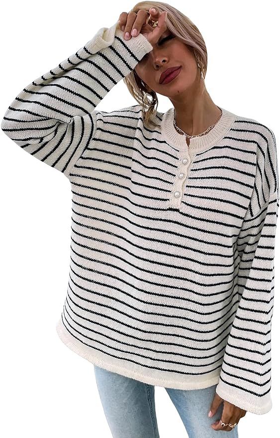 SHENHE Women's Striped Long Sleeve Button Up Ribbed Knit Oversized Sweater Tops | Amazon (US)