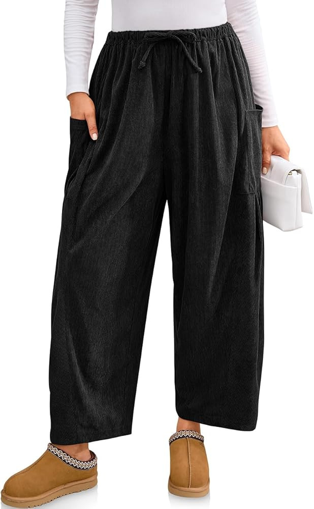 TARSE Womens Corduroy Pants Barrel Casual Loose Baggy Drawstring Wide Leg Palazzo Harem Pants wit... | Amazon (US)