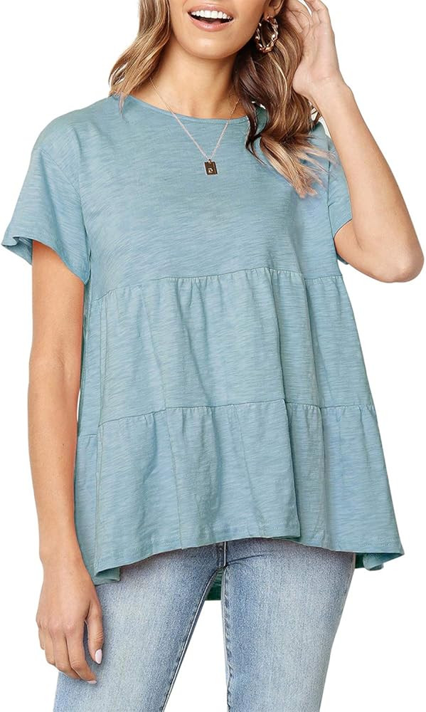 Sanifer Women's Peplum Tops Babydoll Summer Short Sleeve Ruffle Loose Shirt Tiered Blouse | Amazon (US)