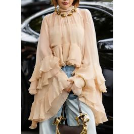 Dramatic Ruffle Bell Sleeve Hi-Lo Chiffon Top in Nude Pink for Dressy Brunch & Date Night | Chicwish