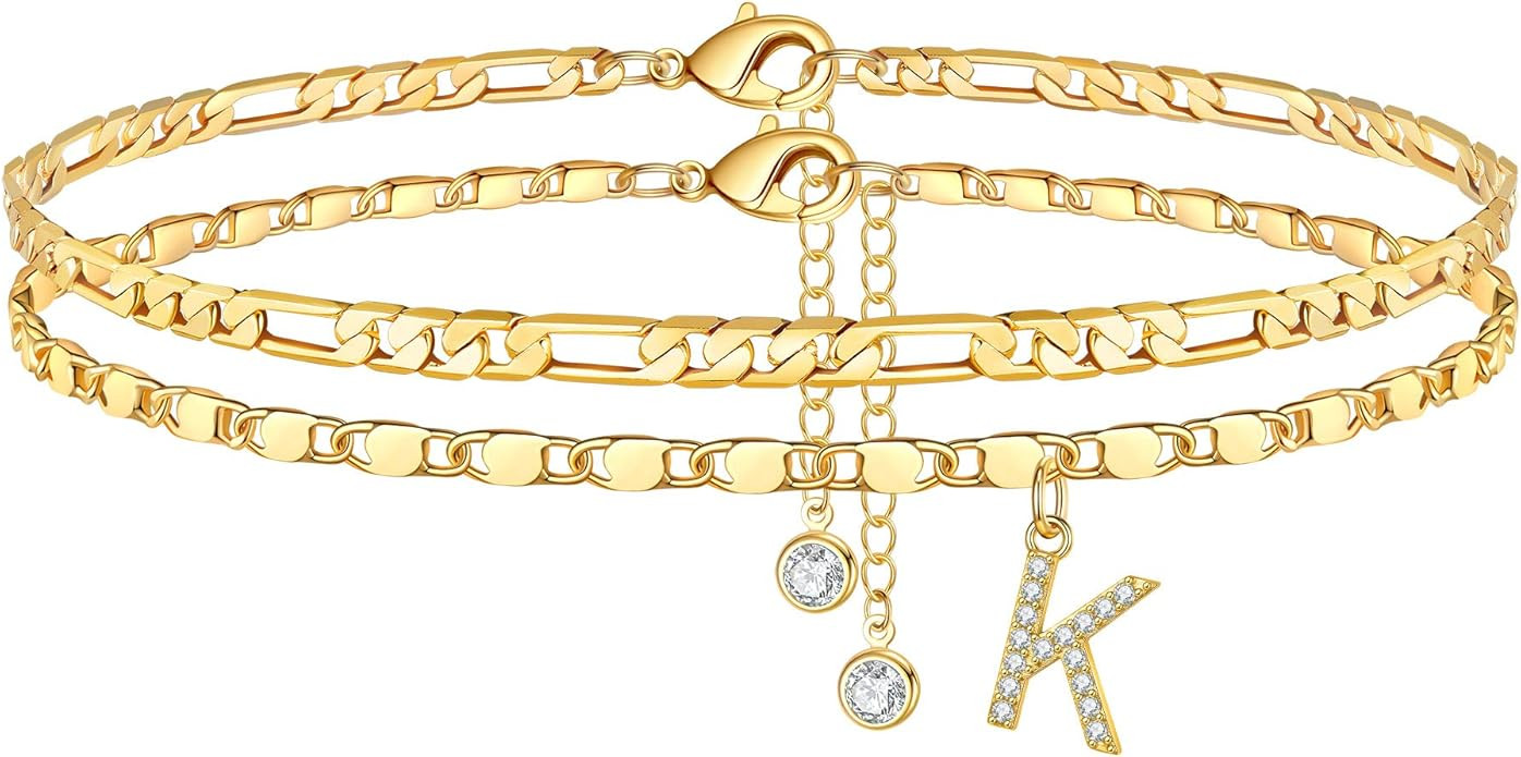 Ursteel Ankle Bracelets for Women, 14K Gold Plated Dainty Layered Figaro Chain CZ Initial Anklets... | Amazon (US)